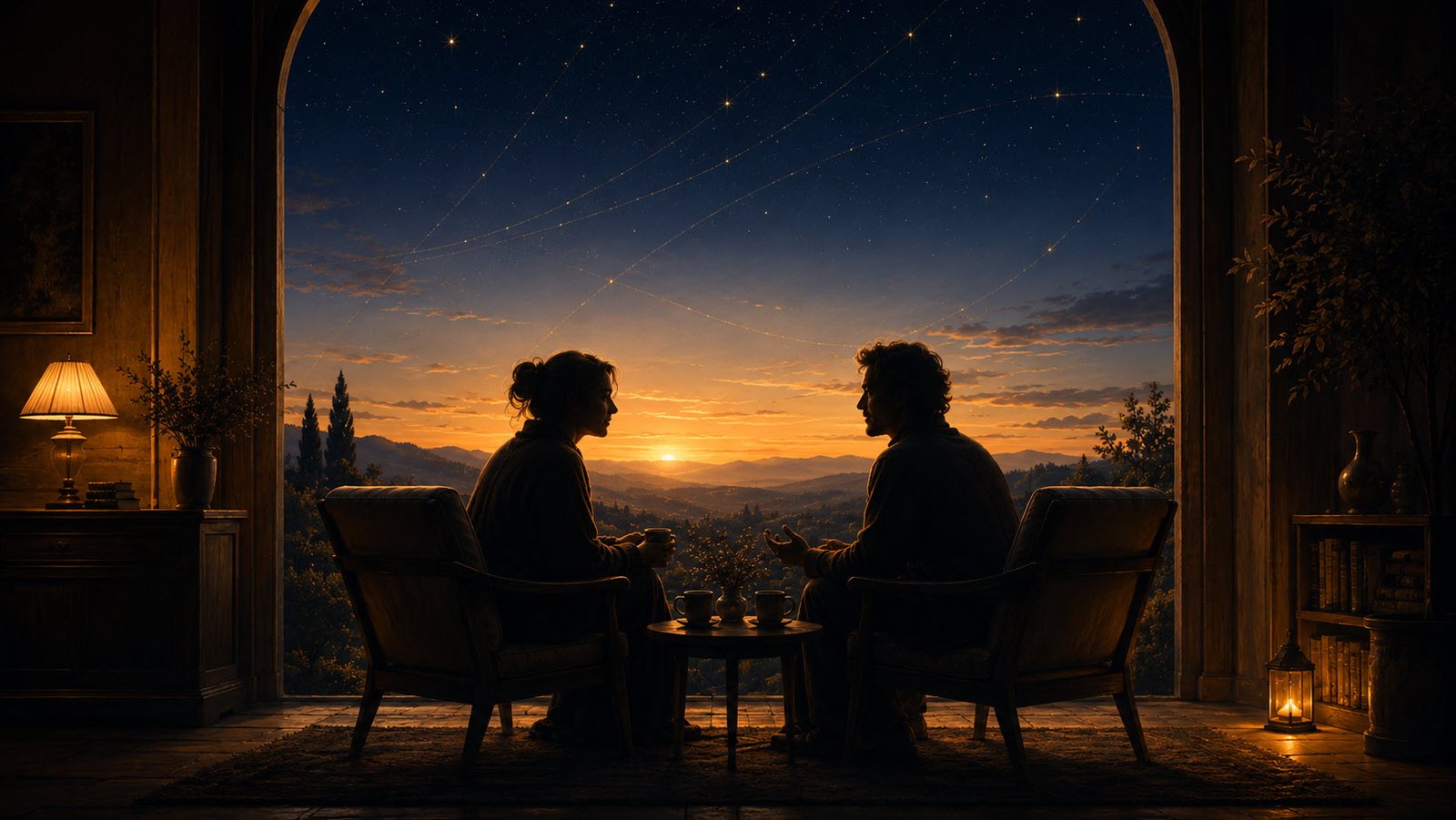Two people in conversation during an astrology session overlooking a sunset horizon.