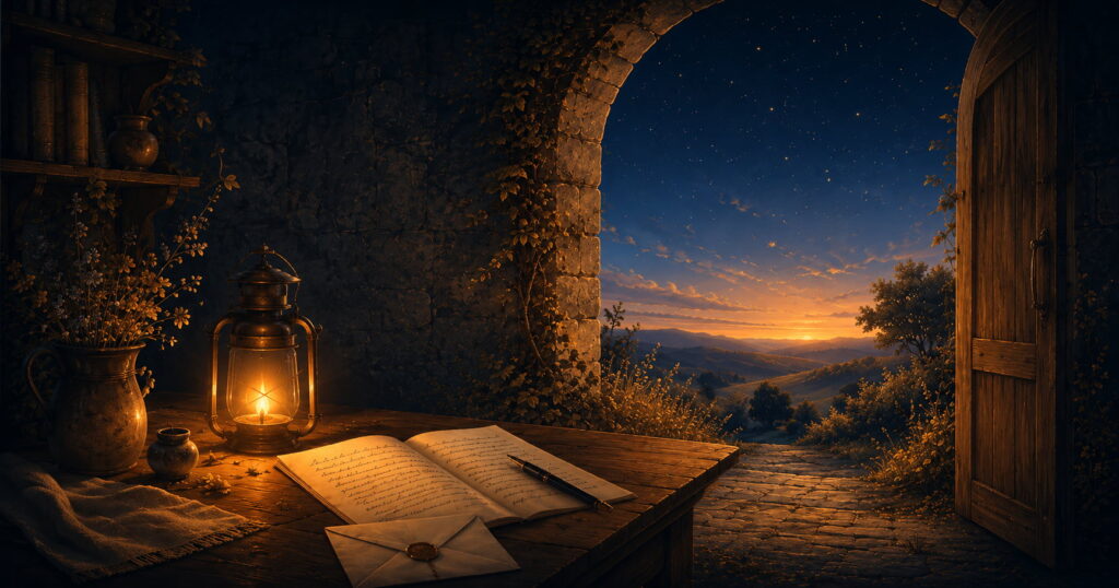 Open door at dawn beside a writing desk with a journal, letter, and lantern.