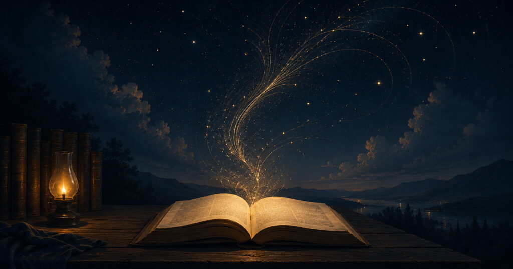 Open book on a desk with starlight rising from its pages into the night sky.