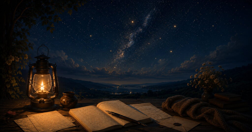 Open journal, letters, and pen resting beneath the Milky Way on a quiet evening.