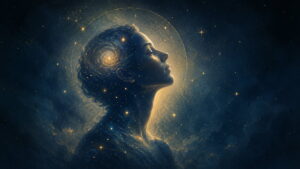 Stylized portrait surrounded by stars and constellations with a spiral galaxy illuminating the head.