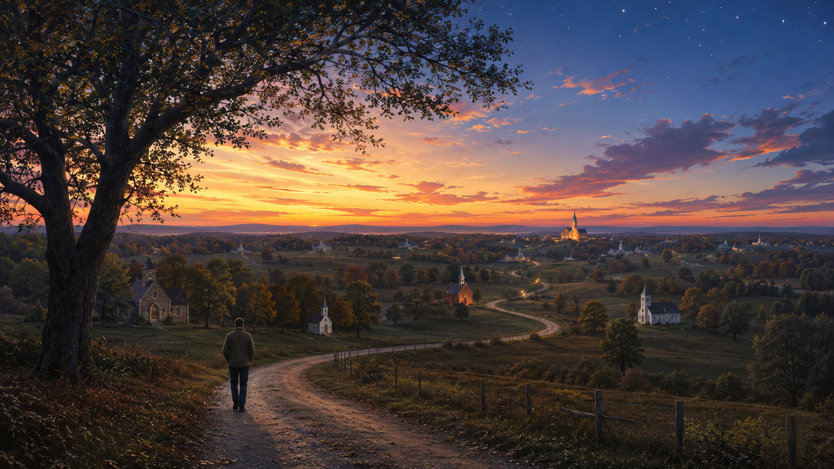 A solitary traveller walks a winding country road through a rural landscape at sunset, passing several small churches beneath a luminous evening sky filled with the first emerging stars.