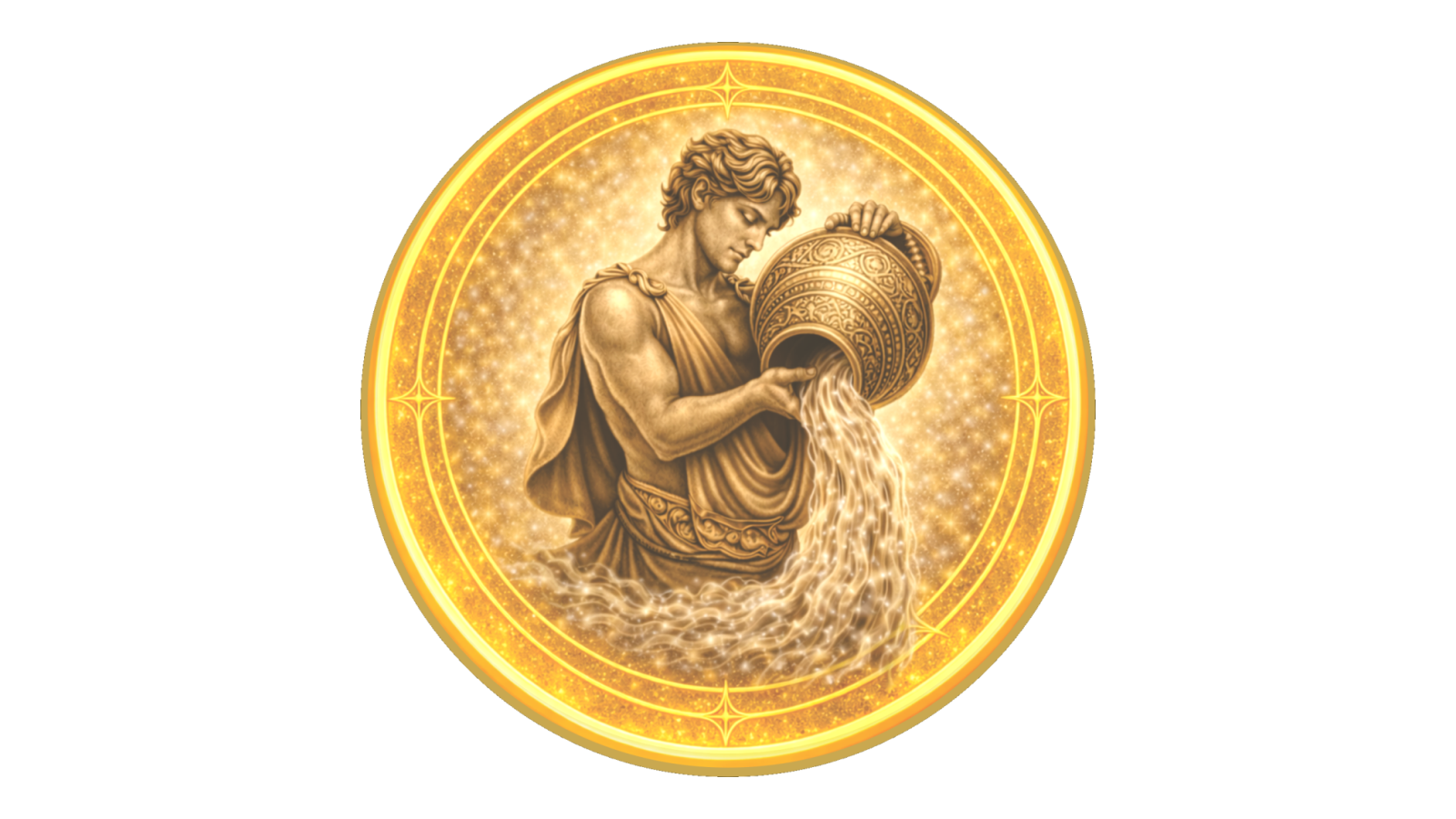 Gold medallion depicting a water-bearer pouring water from a vessel, traditional symbol of Aquarius.