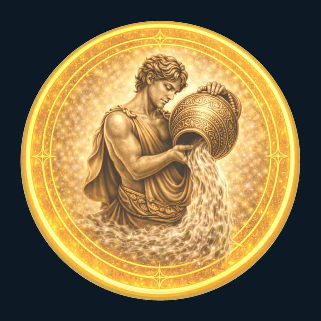 Gold medallion depicting the water bearer of Aquarius.