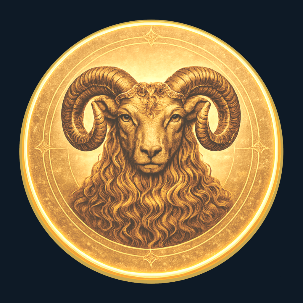 Gold medallion depicting the ram of Aries.