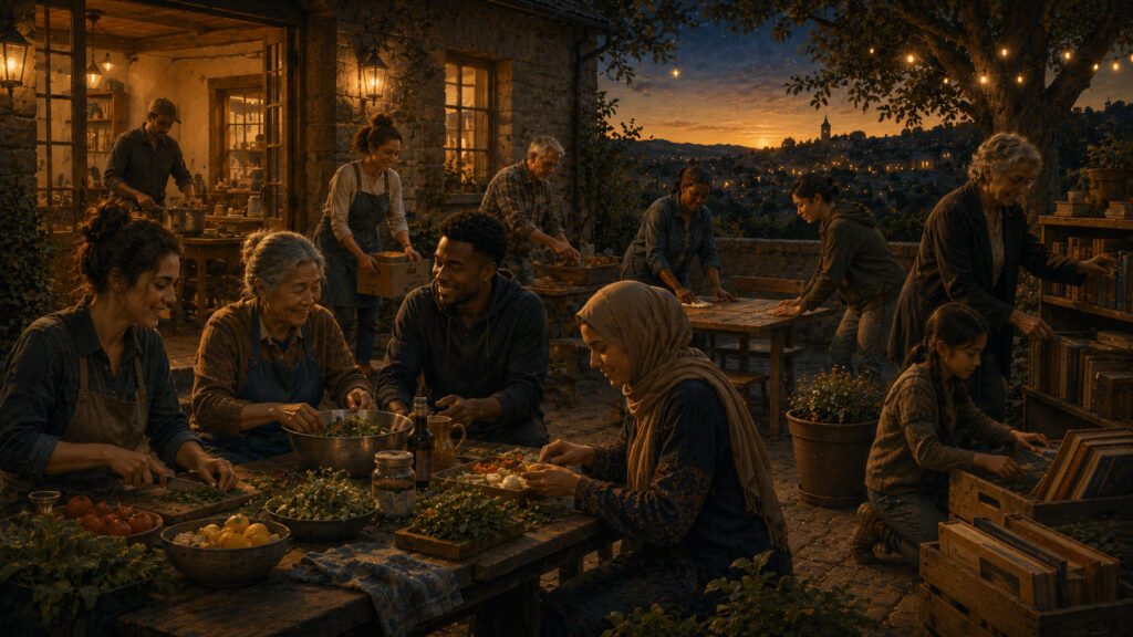 Aquarius — Shared Participation A group of people of different ages and backgrounds work together in a welcoming community space as evening settles over the village. The image symbolizes Aquarius as Shared Participation: contributing individual gifts, cooperating toward common goals, and strengthening community through meaningful involvement.