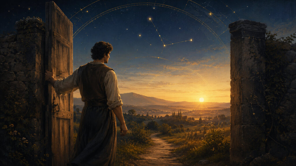 Aries — Courageous Beginning A young traveler stands at an open gate at dawn, gazing toward a sunlit landscape and the road ahead. The image symbolizes Aries as Courageous Beginning: trusting instinct, acting boldly, and taking the first independent step into new experiences and opportunities.