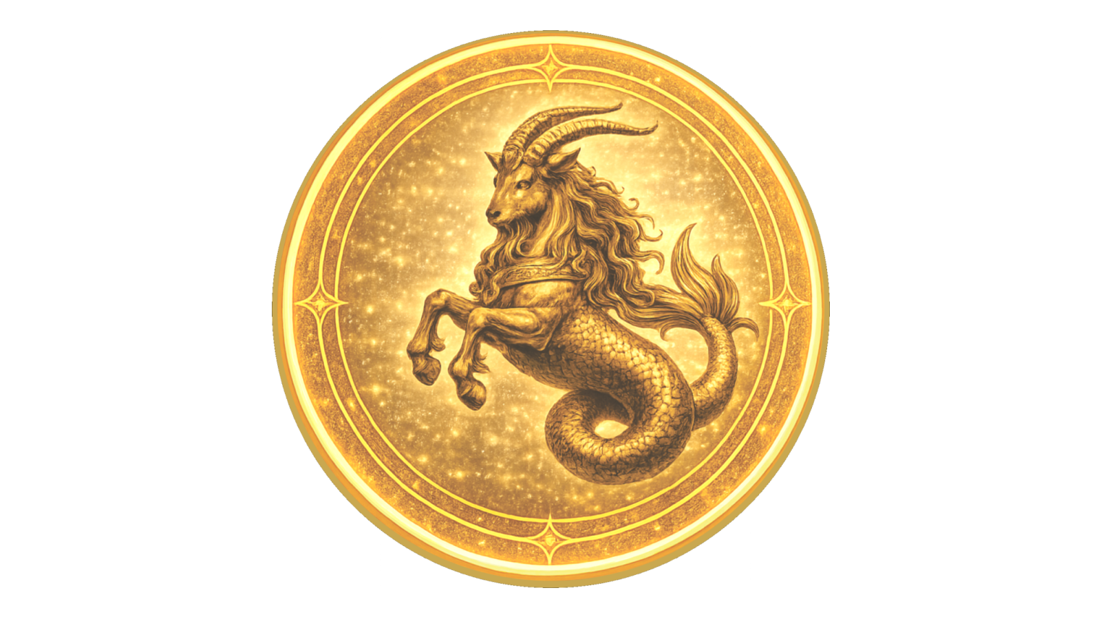Gold medallion depicting a sea-goat, traditional symbol of Capricorn.