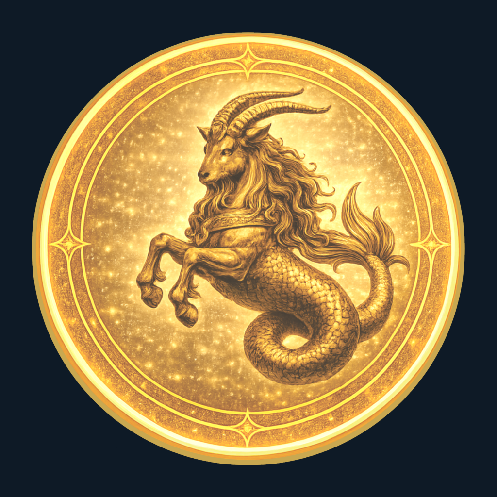 Gold medallion depicting the sea goat of Capricorn.