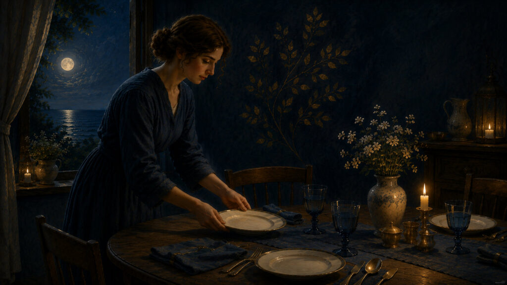 Cancer — Tender Belonging A woman quietly sets an extra place at a candlelit table while moonlight shines through an open window. The image symbolizes Cancer as Tender Belonging: creating spaces of welcome, care, protection, and emotional connection where others can feel at home.