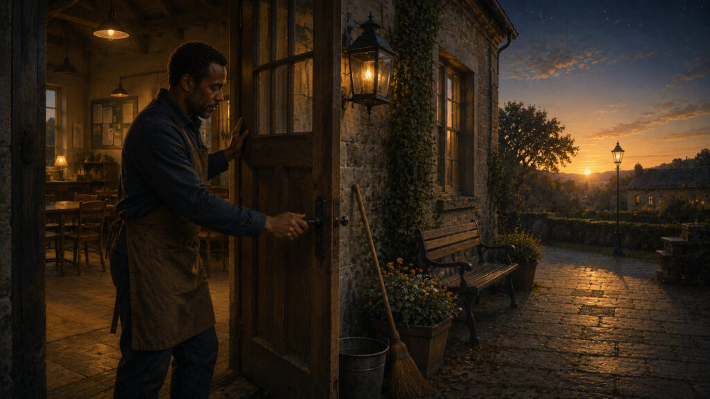 Capricorn — Responsible Stewardship A caretaker closes the door of a community building as evening falls and the village settles into twilight. The image symbolizes Capricorn as Responsible Stewardship: accepting duty, maintaining what has been entrusted, and working patiently to create stability that benefits others.