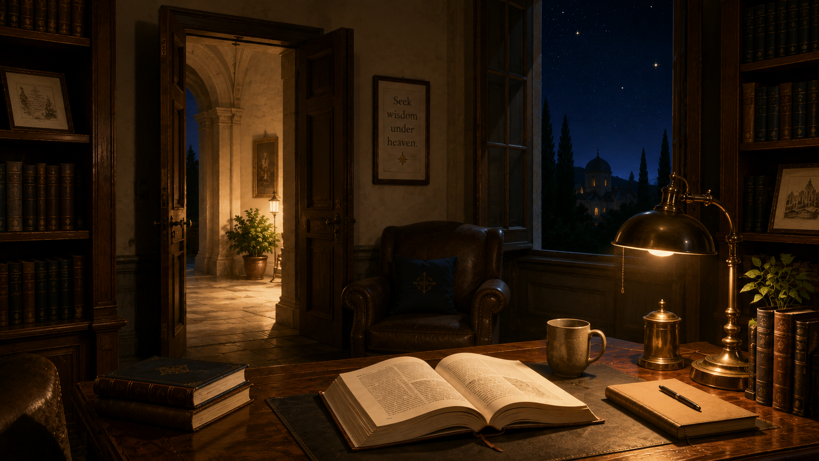 A warmly lit classical library with an open book, antique brass lamp, and a view of the night sky, inviting thoughtful reflection and conversation.