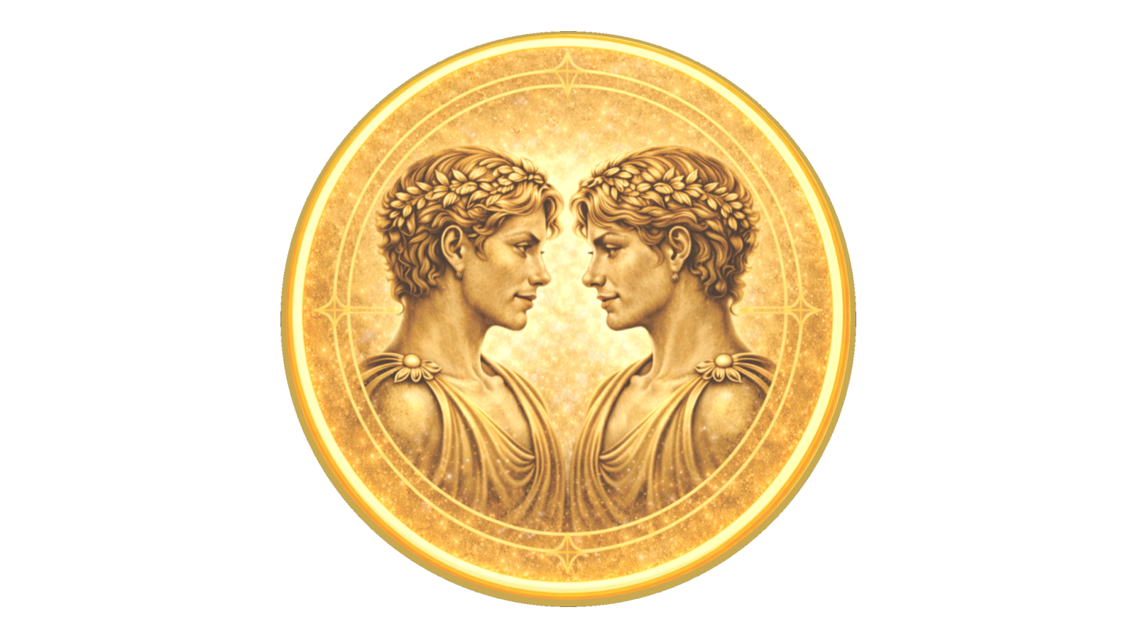 Gold medallion depicting the twins, traditional symbol of Gemini.