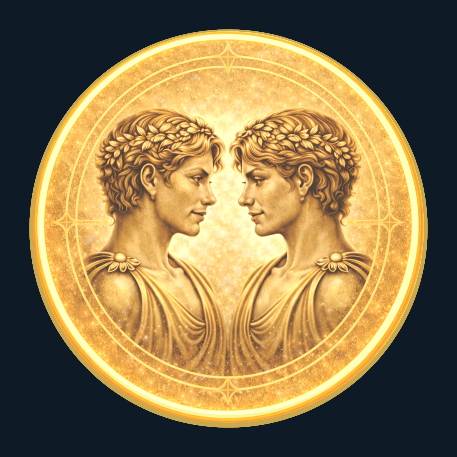 Gold medallion depicting the twins of Gemini.