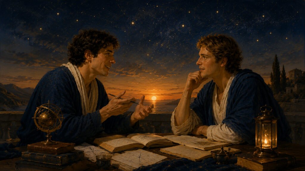 Gemini — Versatile Curiosity Two companions engage in thoughtful conversation over open books and handwritten notes as evening settles beneath a star-filled sky. The image symbolizes Gemini as Versatile Curiosity: growing through dialogue, exchanging ideas, asking questions, and discovering new possibilities through communication and connection.