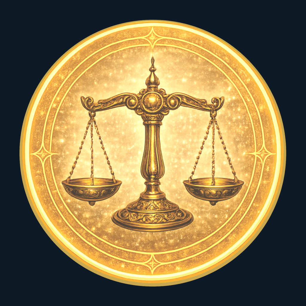 Gold medallion depicting the scales of LIbra.