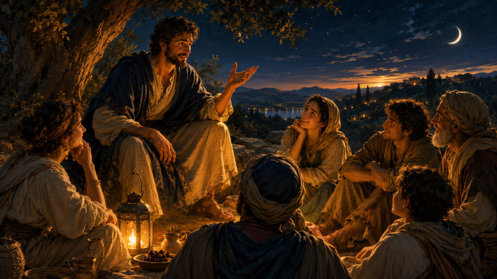 Leo — Radiant Expression A storyteller shares a tale with an attentive gathering beneath the evening sky. The image symbolizes Leo as Radiant Expression: inspiring others through creativity, generosity, confidence, and the courage to shine from the heart.