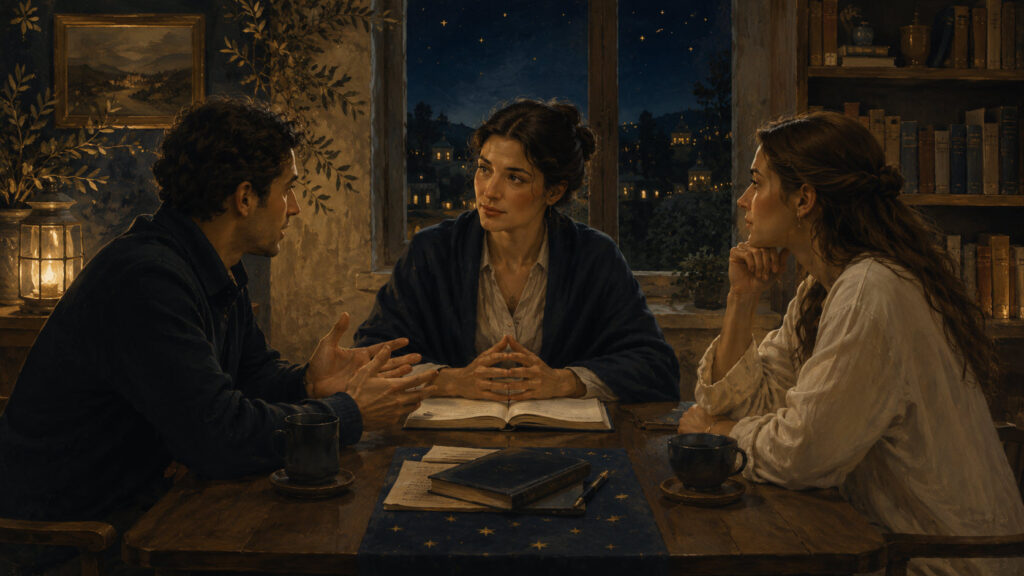 Three people gather around a table in thoughtful conversation, listening carefully and exchanging perspectives in a warm, welcoming setting. The image symbolizes Libra as Harmonious Relationship: fostering understanding, seeking fairness, building cooperation, and creating balance between differing viewpoints.