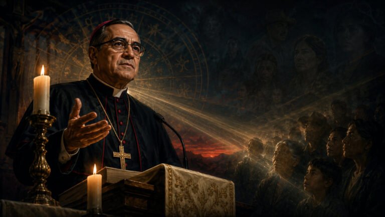 Archbishop Óscar Romero preaching at an altar as candlelight and soft beams illuminate faces emerging from the shadows.