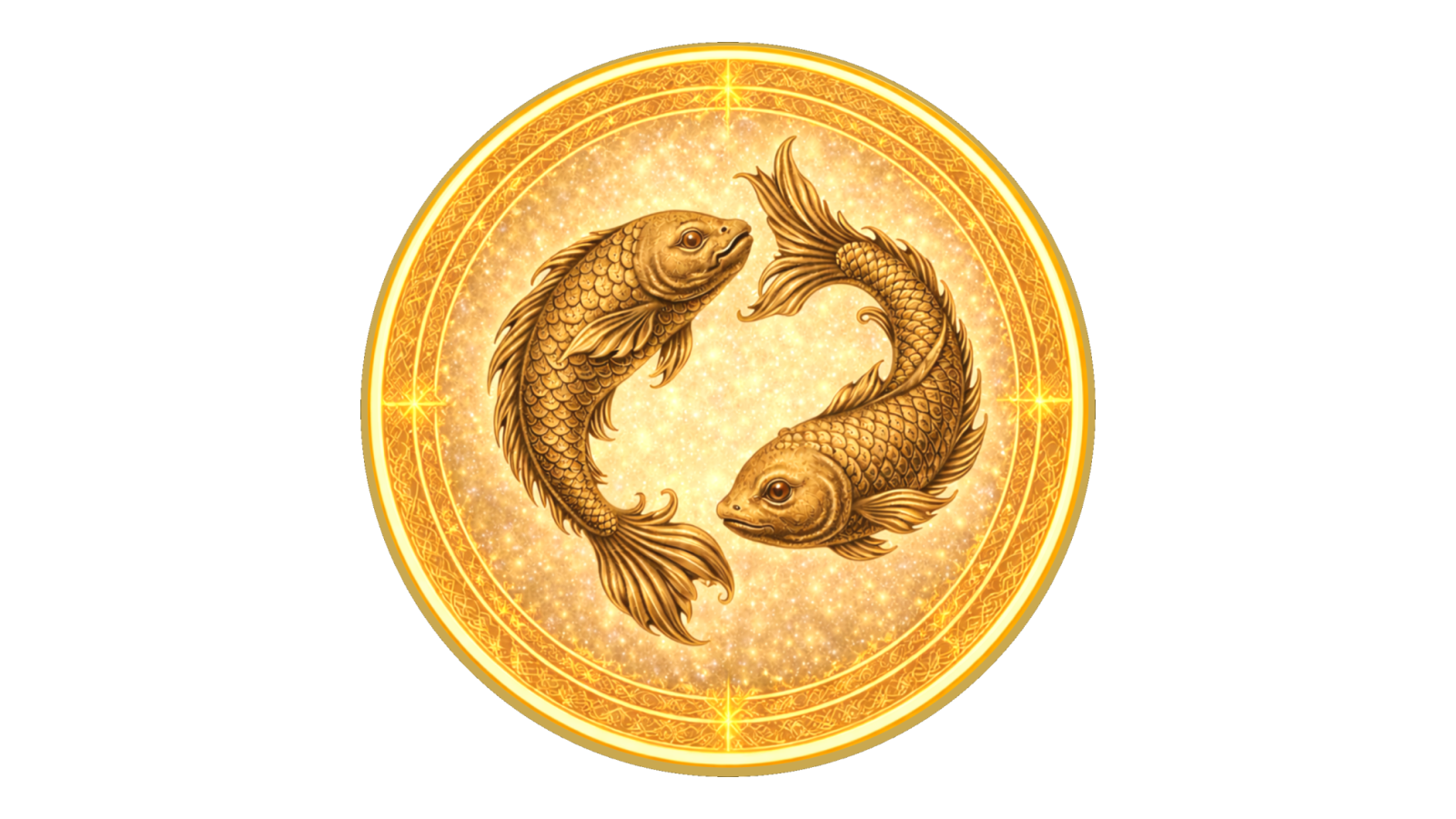 Gold medallion depicting two fish, traditional symbol of Pisces.