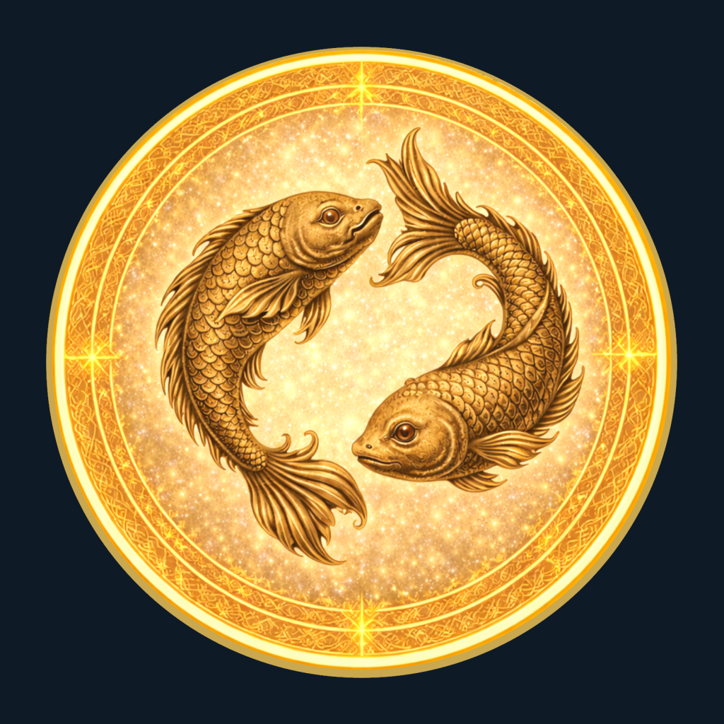 Gold medallion depicting the fishes of PIsces.
