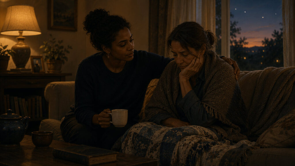 Pisces — Empathetic Imagination A woman sits beside another who is burdened by sorrow, offering quiet companionship and understanding in the warmth of a lamplit room. Pisces symbolizes Empathetic Imagination: sensing what others feel, responding with compassion, and offering presence that helps ease suffering.