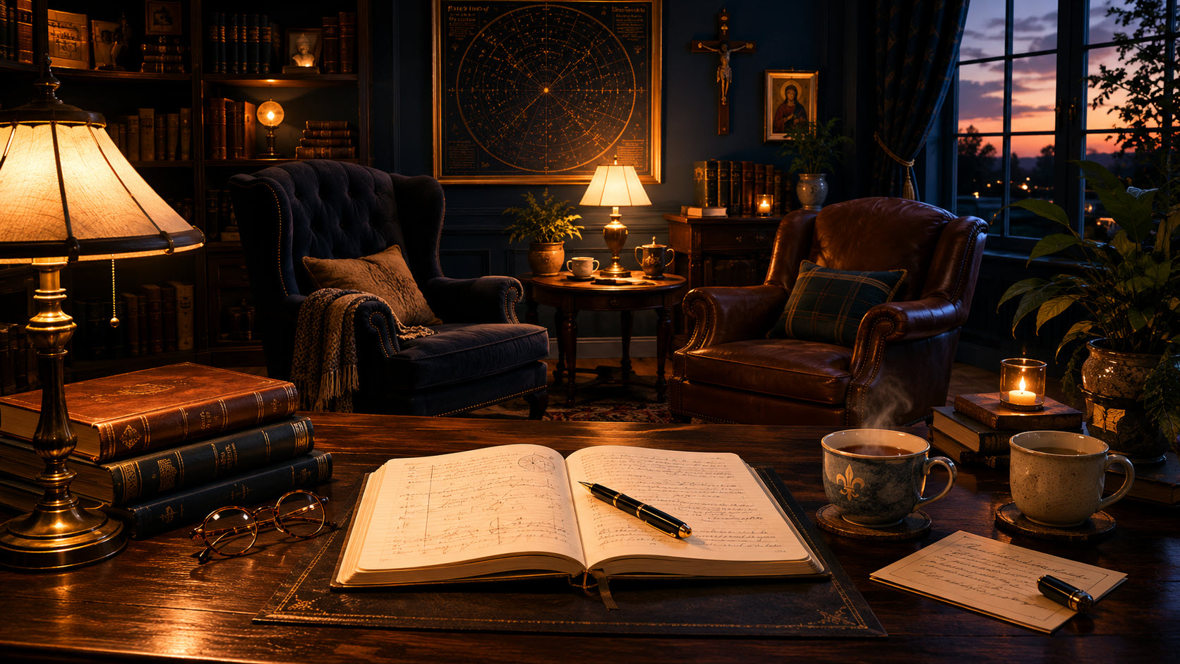Warmly lit study with two comfortable chairs facing one another beside a small table, an open journal on a wooden desk, books, teacups, and soft evening light suggesting a welcoming space for thoughtful conversation.