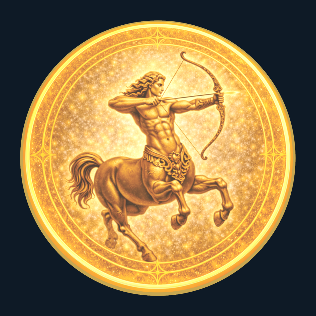 Gold medallion depicting the archer of Sagittarius.