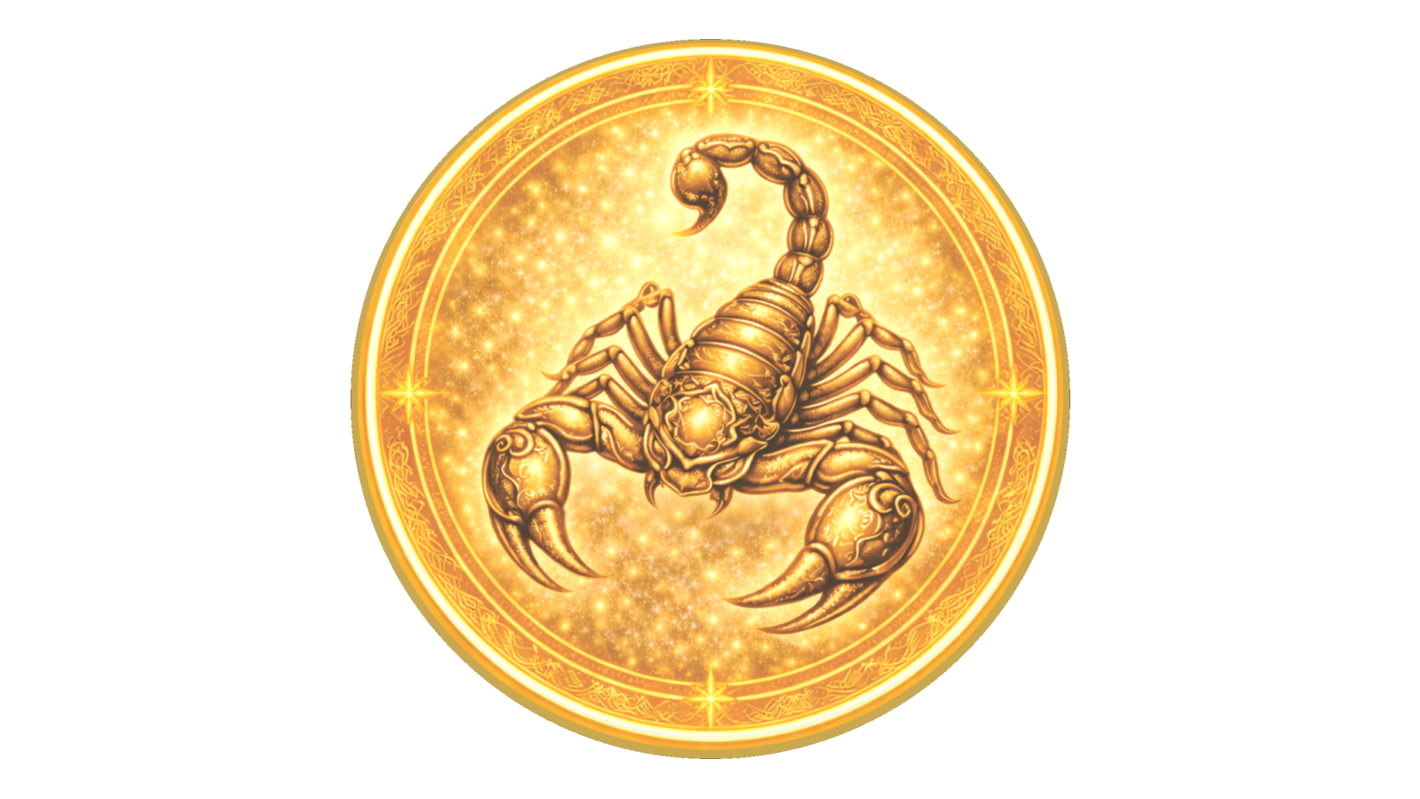 Gold medallion depicting a scorpion, traditional symbol of Scorpio.
