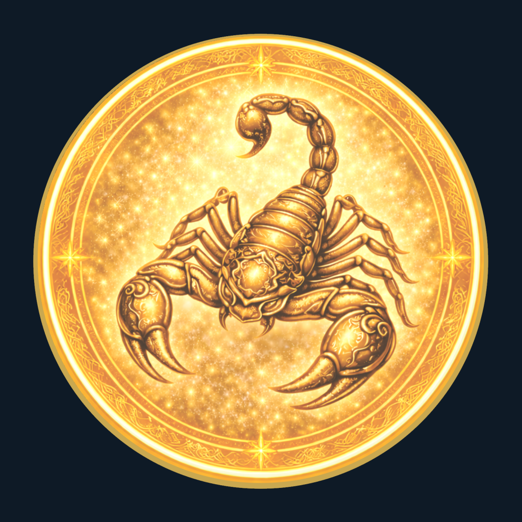 Gold medallion depicting the scorpion of Scorpio.
