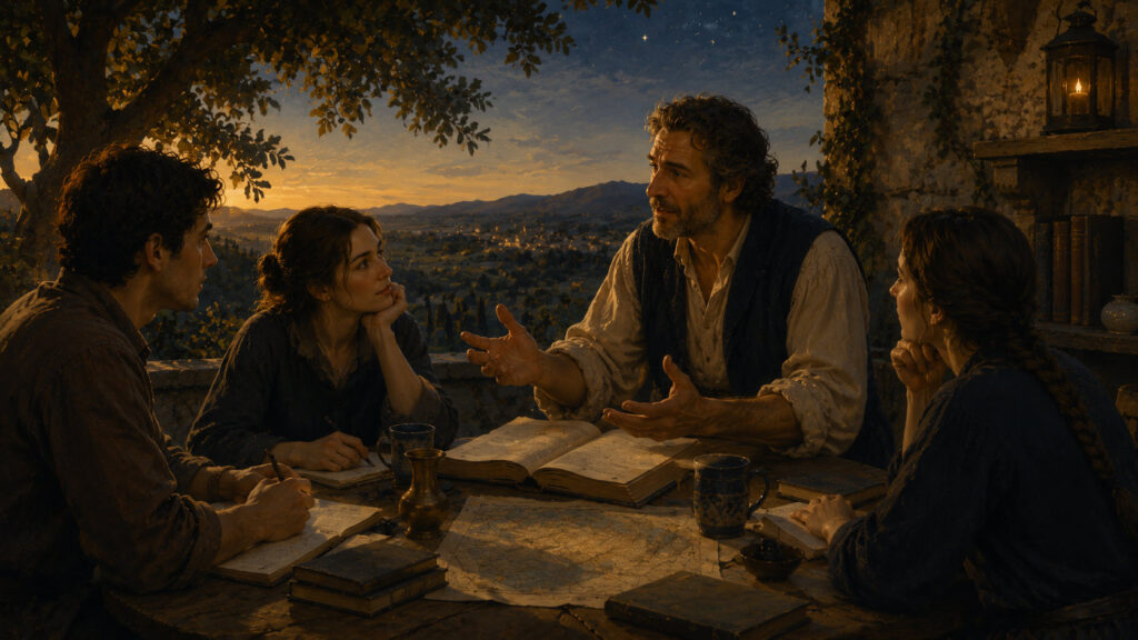 Sagittarius — Truthful Understanding A teacher shares knowledge with a small group of attentive students gathered around books and maps as evening settles over the landscape. The image symbolizes Sagittarius as Truthful Understanding: seeking wisdom, exploring meaning, expanding horizons, and sharing insight that helps others better understand the world and their place within it.