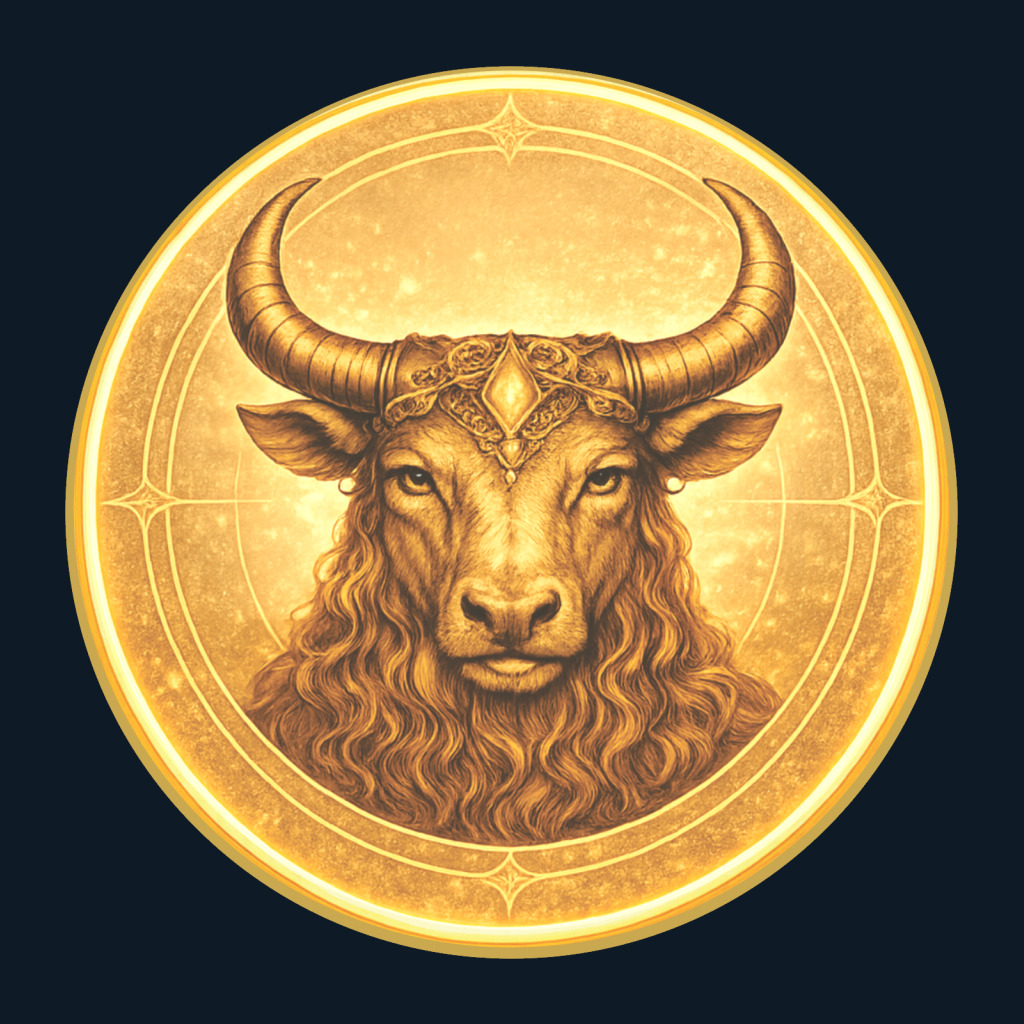 Gold medallion depicting the bull of Taurus.