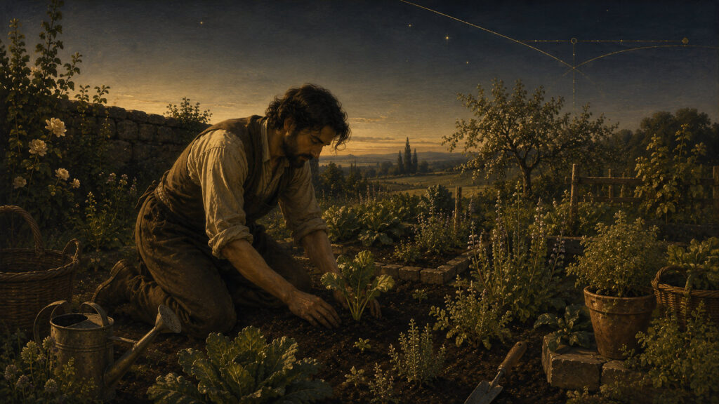 Taurus — Steadfast Presence A gardener kneels among growing plants, carefully tending the soil in the quiet light of evening. The image symbolizes Taurus as Steadfast Presence: cultivating patience, appreciating the senses, and creating lasting value through consistent care, effort, and devotion to what is growing.