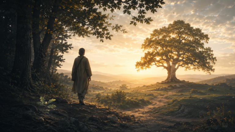 A solitary figure steps from a shaded grove toward a sunlit landscape and a mature oak tree, with a young sapling in the foreground.