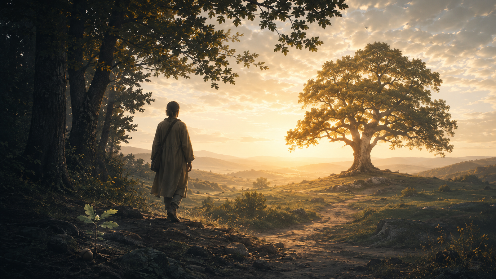 A solitary figure steps from a shaded grove toward a sunlit landscape and a mature oak tree, with a young sapling in the foreground.