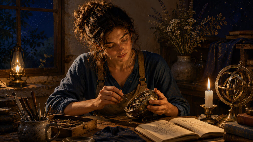 A craftswoman carefully repairs a delicate instrument by candlelight, surrounded by tools, books, and the quiet order of a working workshop. The image symbolizes Virgo as Thoughtful Devotion: serving through careful attention, practical skill, discernment, and the patient refinement of what has been entrusted to one's care.