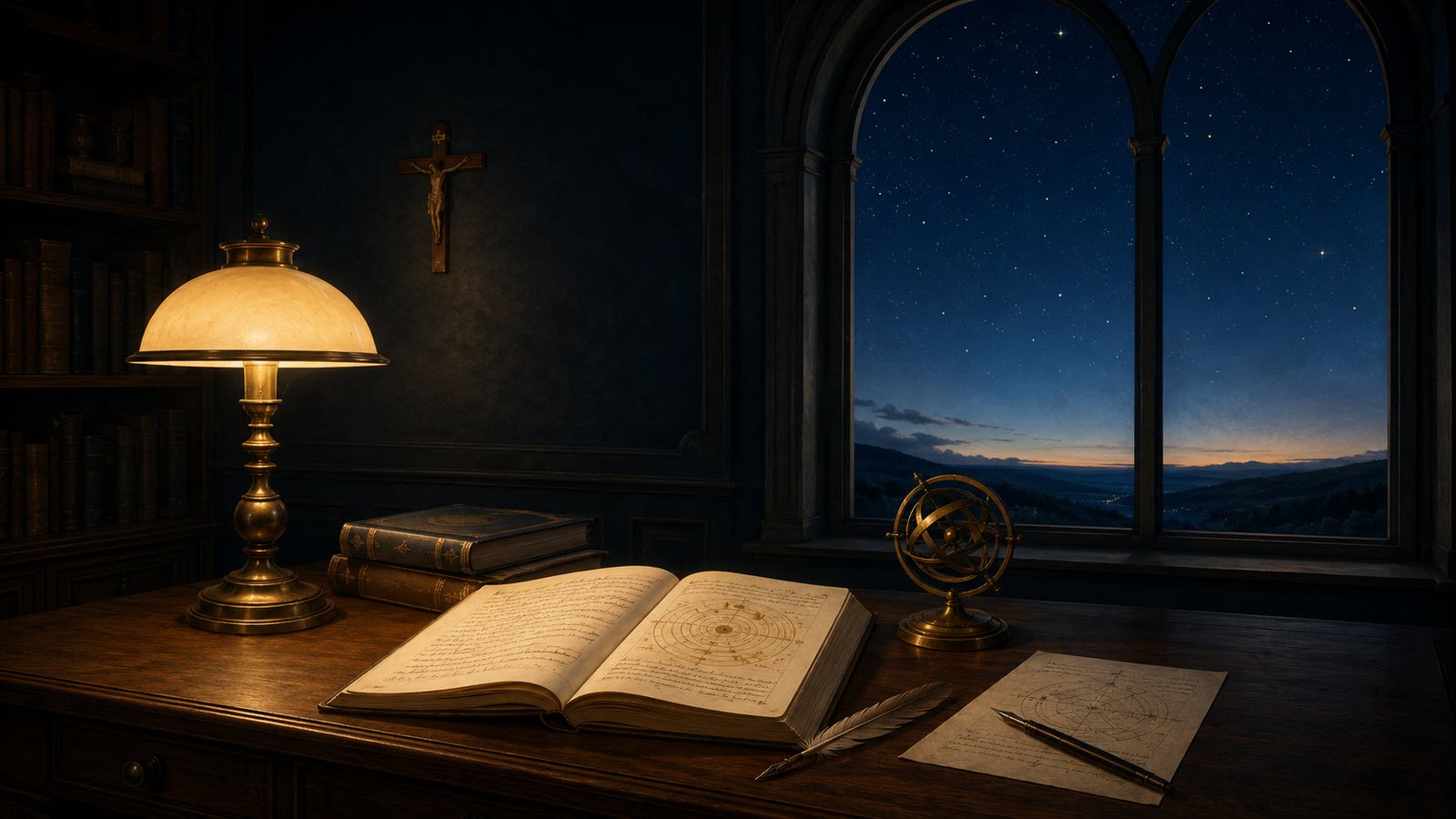 Study with an open manuscript, armillary sphere, and star-filled sky viewed through an arched window.