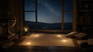 A nighttime study with a parchment chart on a desk, showing four softly glowing points connected in a cradle-like pattern beneath a starry sky.