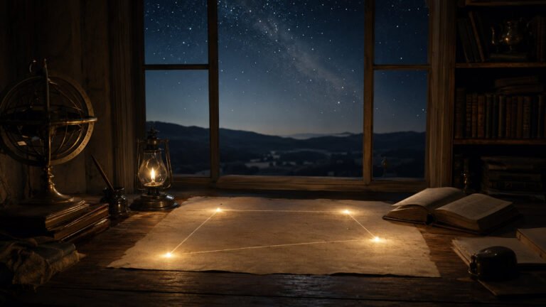 A nighttime study with a parchment chart on a desk, showing four softly glowing points connected in a cradle-like pattern beneath a starry sky.