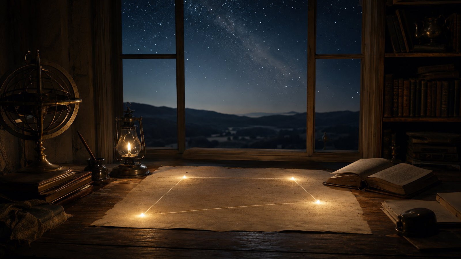 A nighttime study with a parchment chart on a desk, showing four softly glowing points connected in a cradle-like pattern beneath a starry sky.
