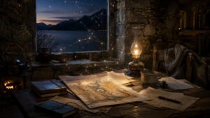 A rustic stone study beside a dark Swiss lake at twilight, with a wooden desk covered in letters, notebooks, a fountain pen, an oil lamp, and an illuminated manuscript page as faint golden constellations descend through the window.