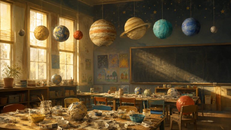 A vintage kindergarten classroom with handmade papier-mâché planets hanging above desks covered in paint, paste, and newspaper strips.