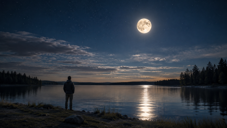 Solitary figure standing beside a still lake beneath a luminous full Moon, its light reflected across the water.