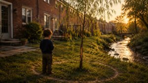 Young child standing beside a wounded willow sapling near a creek behind red-brick townhouses in golden evening light.