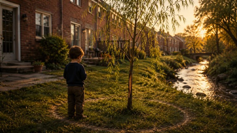 Young child standing beside a wounded willow sapling near a creek behind red-brick townhouses in golden evening light.