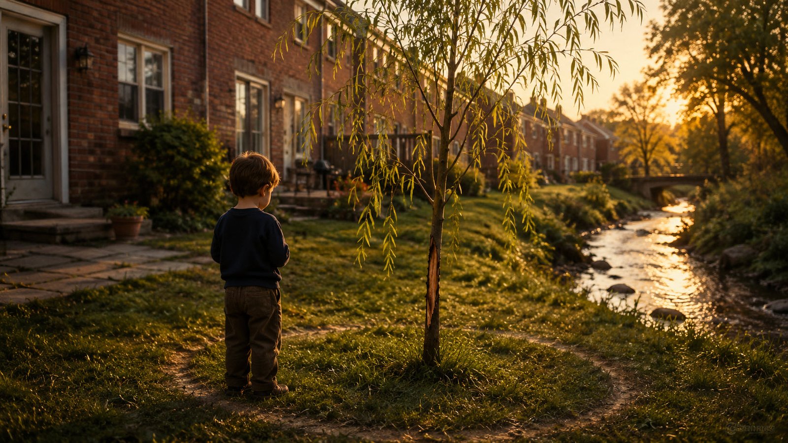 Young child standing beside a wounded willow sapling near a creek behind red-brick townhouses in golden evening light.