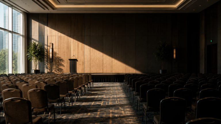 Empty conference room with rows of chairs and a lectern divided by a dramatic diagonal band of light and shadow.