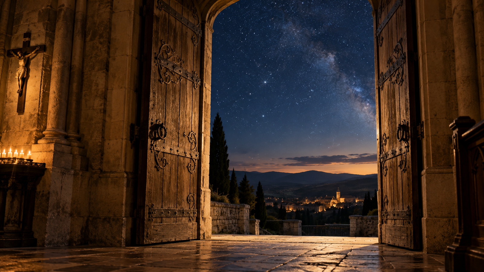 Open doors of a stone Christian chapel reveal a star-filled night sky and distant village, with warm candlelight illuminating a crucifix and the church interior.