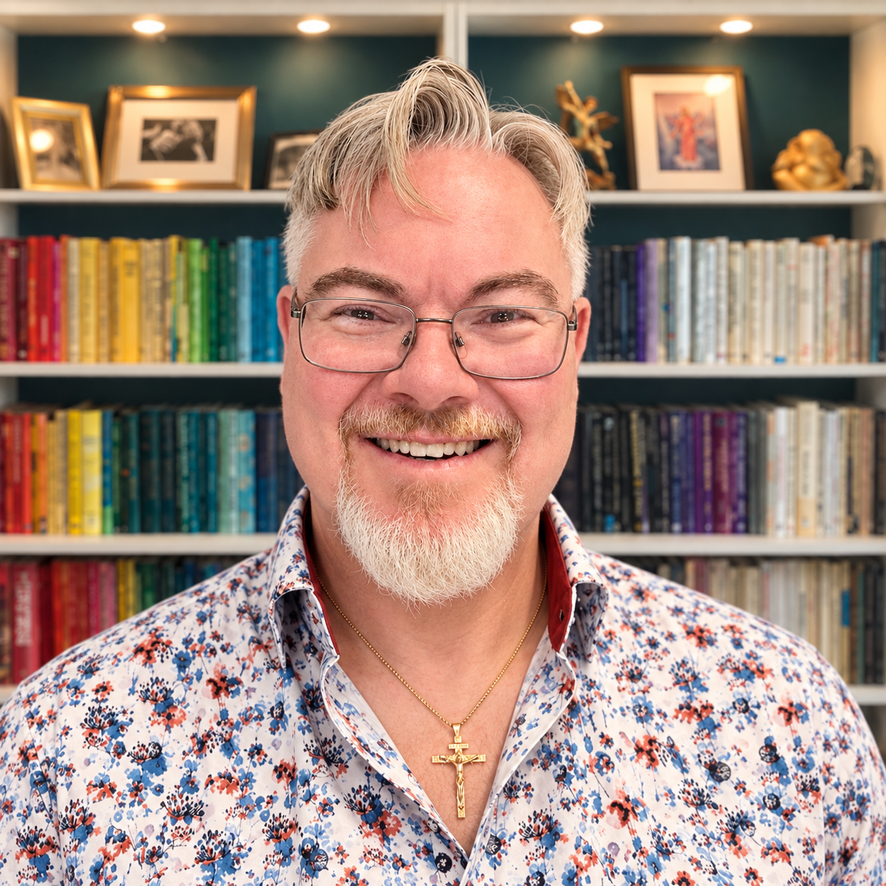 Michael Barwick smiling in front of his bookshelves, wearing glasses, a floral shirt, and a gold cross.