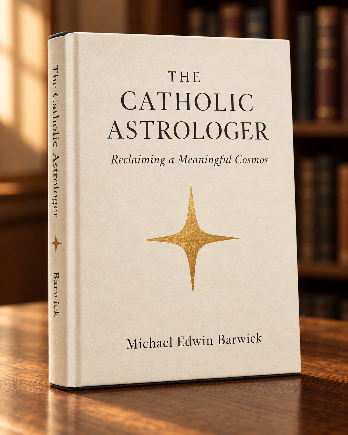 Close-up of the proposed ivory cover of The Catholic Astrologer by Michael Edwin Barwick, with a gold star-cross, standing on a warmly lit wooden table.